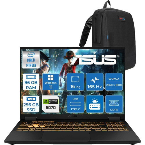 Asus Tuf Gaming F16 FX608JPR 14. Nesil Intel I7-14650HX 96GB Ddr5 256GB SSD 8GB/RTX5070 115W 165Hz 16"wqxga 2.5k 400NITS IPS Windows 11 Home Gaming Bilg. WQT070H26+ZETTAÇANTA