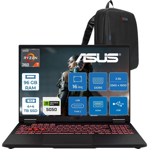 Asus Tuf Gaming A16 FA608UH Ryzen 7 260 Aı 96GB Ddr5 4tb SSD +4tb SSD 16-Inch 8GB/RTX5050 115W, 1920 x 1200, Wuxga SRGB:100% 165Hz 3ms IPS Freedos Gaming Laptop ZRV099WF48+ZETTAÇANTA