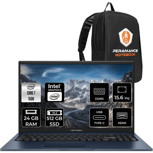 Asus Vivobook 15 Core 7 150U Notebook 24GB RAM 512GB SSD 15.6" FHD FreeDOS + Per4 Çanta X1504VABQ5456P312