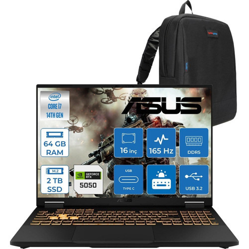 Asus Tuf Gaming F16 FX608JHR 14. Nesil Intel I7-14650HX 64GB Ddr5 2tb SSD 8GB/RTX5050 115W 165Hz 16"wuxga Fhd+ 300NITS IPS Freedos Gaming Bilg. WRV055F19+ZETTAÇANTA