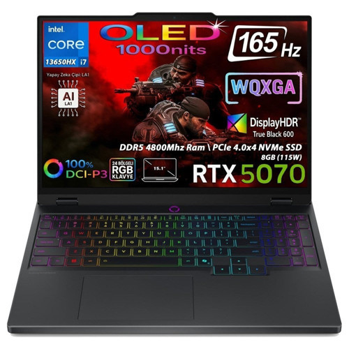 Lenovo Legion 5 15IRX10 Intel Core I7 13650HX 12GB Ddr5 512GB SSD RTX5070 Freedos 15.1" Wqxga (2560X1600) OLED 165Hz Taşınabilir Bilgisayar 83LY00CJTR2