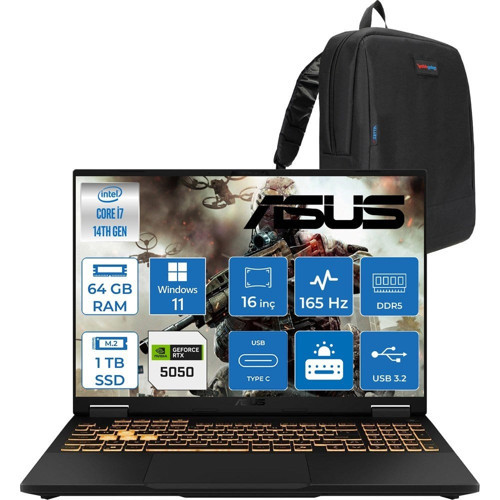 Asus Tuf Gaming F16 FX608JHR 14. Nesil Intel I7-14650HX 64GB Ddr5 1tb SSD 8GB/RTX5050 115W 165Hz 16"wuxga Fhd+ 300NITS IPS WIN11PRO Gaming Bilg. WRV055P18+ZETTAÇANTA