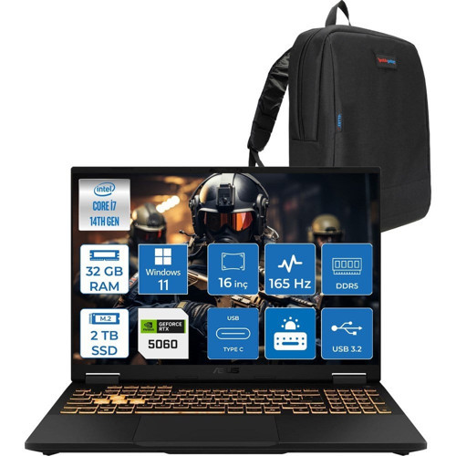Asus Tuf Gaming F16 FX608JMR 14. Nesil Intel I7-14650HX 32GB Ddr5 2tb SSD 8GB/RTX5060 115W 165Hz 16"wuxga Fhd+ 300NITS IPS WIN11PRO Gaming Bilg. WRV077P09+ZETTAÇANTA