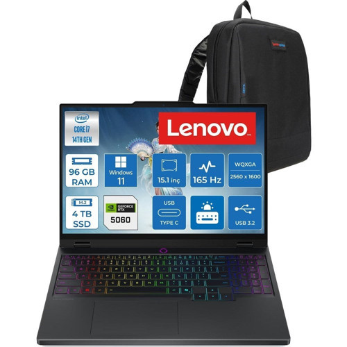 Lenovo Legion 5 15IRX10 Intel Core I7 14700HX 96GB Ddr5 4tb SSD RTX5060 8gb Gddr7 115W Windows 11 Pro 15.1" OLED 1000NITS 165Hz Wqxga (2560X1600) Taşınabilir Bilgisayar W83LY00KXTRP46 + Zetta Çanta