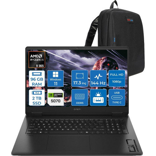 HP Omen 17-DB1003NT Amd Ryzen Aı 9 365 96GB Ddr5 2tb SSD RTX5070 8gb Gddr7 17.3 Inç Fullhd (1920 x 1080) 144Hz 7ms 300NITS IPS Windows 11 Pro Taşınabilir Bilgisayar C67G1EAP45 + Zetta Çanta