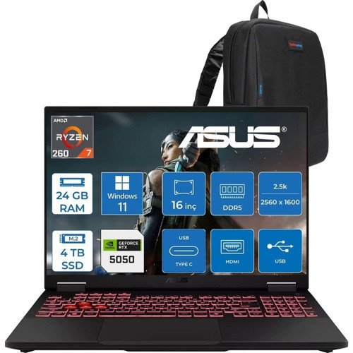 Asus Tuf Gaming A16 FA608UH Ryzen 7 260 Aı 24GB Ddr5 4tb SSD 16-Inch 8GB/RTX5050 115W, 1920 x 1200, Wuxga SRGB:100% 165Hz 3ms IPS WINDOWS11PRO Gaming Laptop ZRV099WP07+ZETTAÇANTA