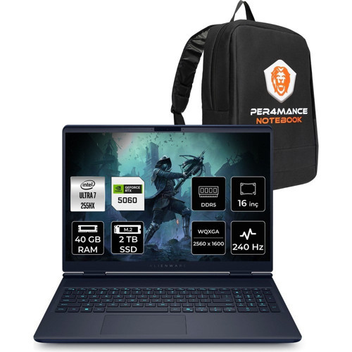 Dell Alienware 16X Aurora Core Ultra 7 255HX RTX 5060 8GB Gaming Laptop 40GB RAM 2TB SSD 16" QHD+ FreeDOS + Per4 Çanta AC16251CU732156WP328