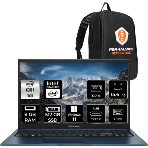 Asus Vivobook 15 Core 7 150U Notebook 8GB RAM 512GB SSD 15.6" FHD Win11 Pro + Per4 Çanta X1504VABQ5456P342
