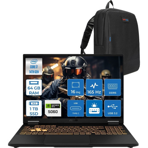 Asus Tuf Gaming F16 FX608JMR 14. Nesil Intel I7-14650HX 64GB Ddr5 1tb SSD 8GB/RTX5060 115W 165Hz 16"wuxga Fhd+ 300NITS IPS Freedos Gaming Bilg. WRV077F18+ZETTAÇANTA