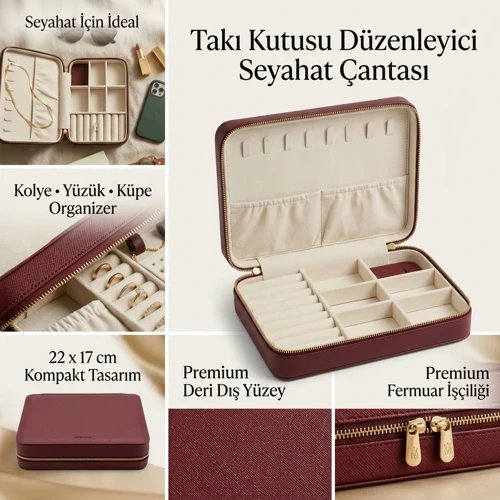 Takı Kutusu Düzenleyici Seyahat Çantası Kolye Yüzük Küpe Organizer Deri Bordo 22cmx17cm