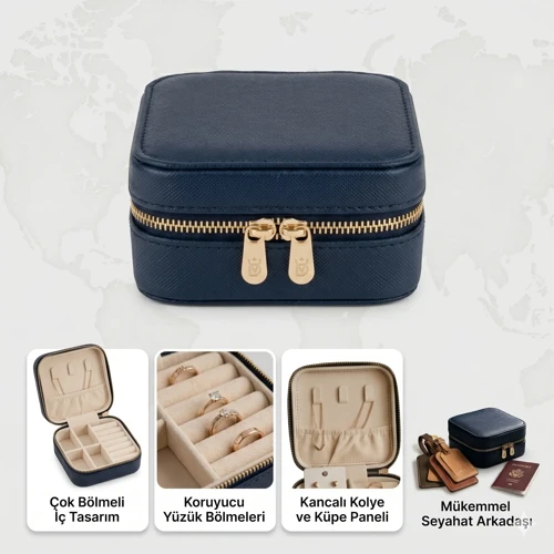 Takı Kutusu Düzenleyici Seyahat Çantası Kolye Yüzük Küpe Organizer Deri Lacivert 10x10