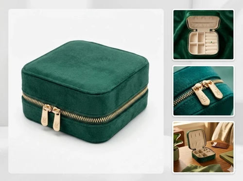 Takı Kutusu Düzenleyici Seyahat Çantası Kolye Yüzük Küpe Organizer Kadife Yeşil 10cmx10cm