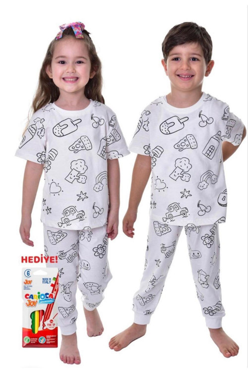 Boyamalı Yıkanabilir Çocuk Pijama Takımı-Kalem Hediyeli