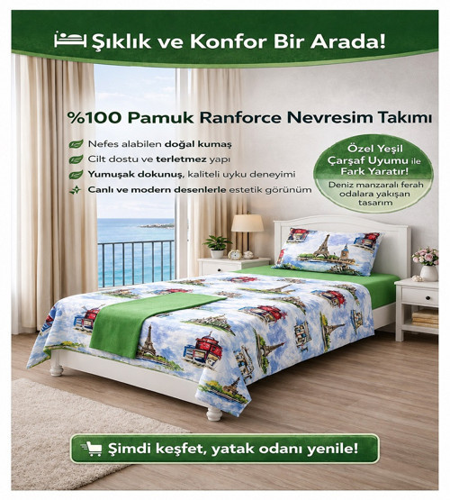 TEK KİŞİLİK NEVRESİM TAKIMI -PARİS MOTİFLİ