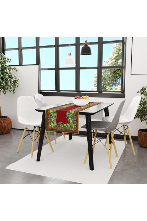 Renkli Limon Desenli Runner, 140x45cm (İnce Keten, Uluslararası Yıkama Ve Solmama Sertifikası)