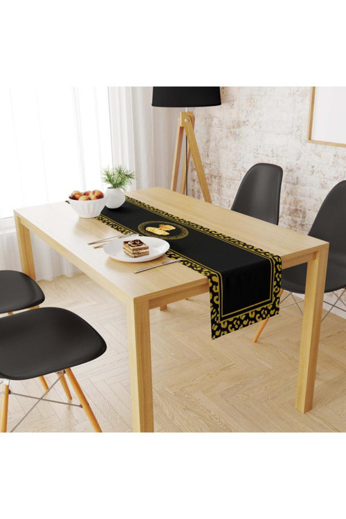 Siyah Büst Detaylı Runner, 140x45cm (İnce Keten, Uluslararası Yıkama Ve Solmama Sertifikası)