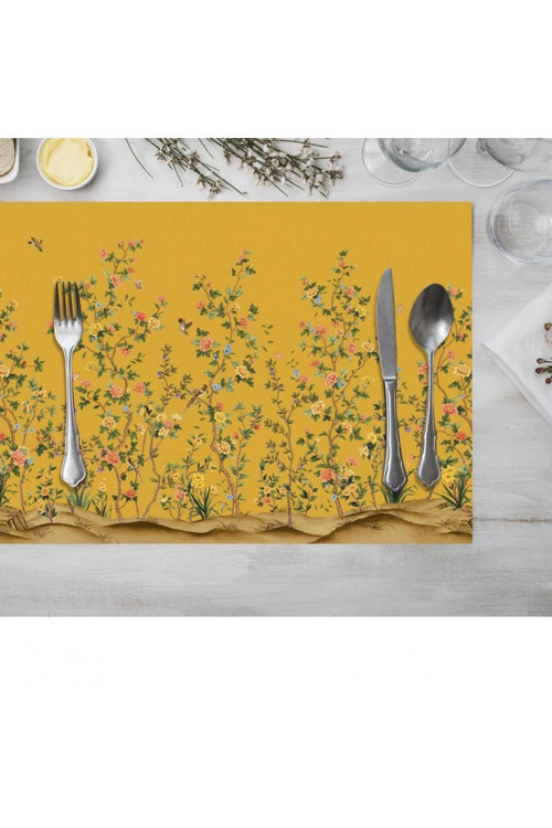 Sunny Home Design Sarı Bahçe Kumaş Amerikan Servis 4'lü Set - 50x35 cm (Kumaş İnce Ketendir, Uluslararası Yıkama Ve Solmama Sertifikası)