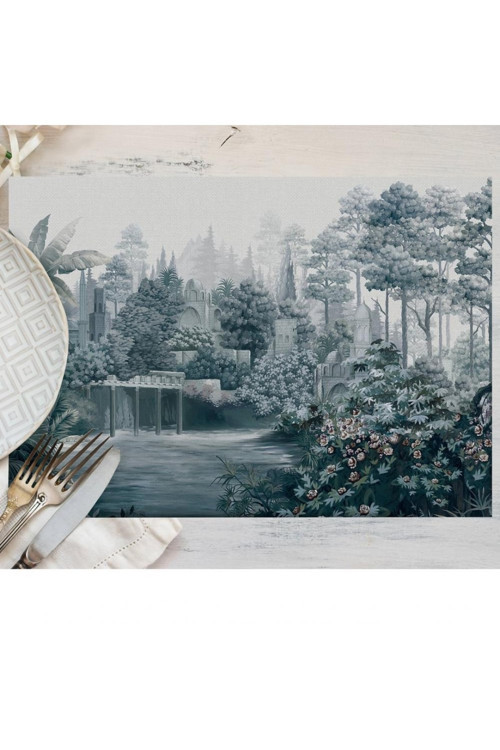 Sunny Home Design Mavi Ağaç Manzarası Amerikan Servis 4'lü Set - 50x35 cm (Kumaş İnce Ketendir, Uluslararası Yıkama Ve Solmama Sertifikası)