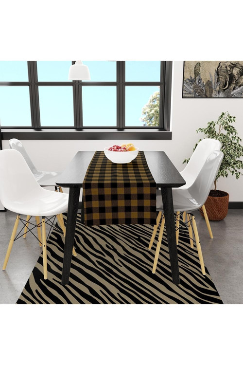 Sarı-Siyah Kare Runner, 140x45cm (İnce Keten, Uluslararası Yıkama Ve Solmama Sertifikası)