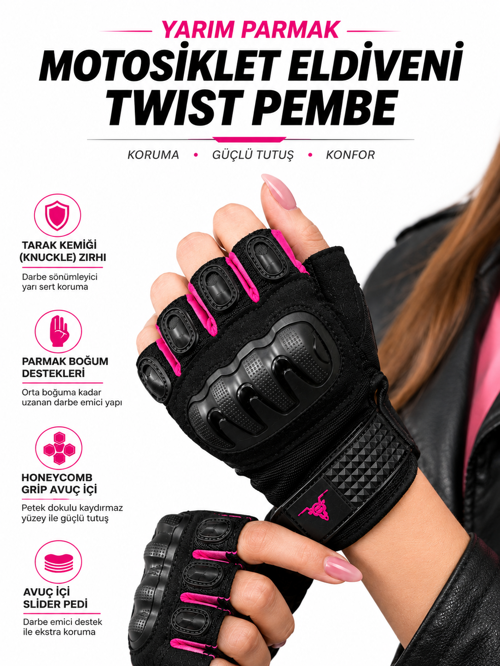 Twist Pembe / Yarım Parmak - Kaymaz Avuç İçi Kadın Motosiklet Eldiveni