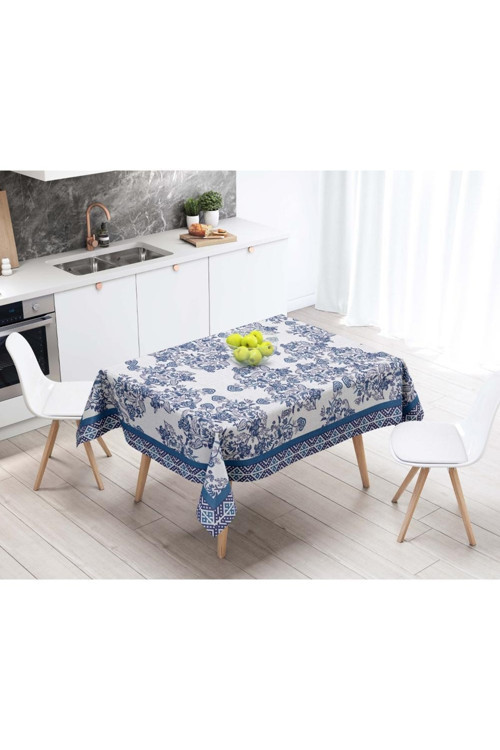 Blue Flowers Masa Örtüsü (Mavi Çiçekler), 160cm x 220cm (Kumaş İnce Ketendir, Uluslararası Yıkama Ve Solmama Sertifikası)