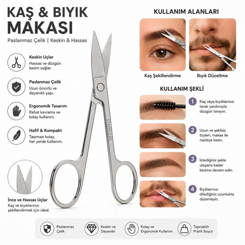 Paslanmaz Çelik Kaş ve Bıyık Makası Hassas Kesim Kaş Şekillendirme Burun Bıyık Makası