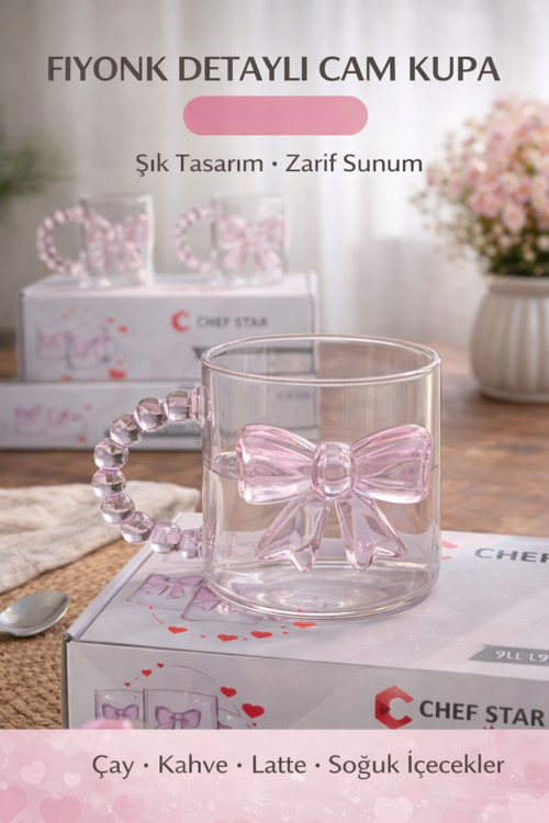 2 Adet Fiyonklu Cam Kupa Bardak - Boncuk Saplı