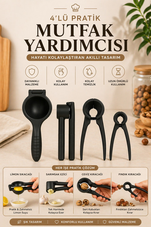4’Lü Mutfak Sıkacağı Ve Kıracak Seti – Limon, Sarımsak, Ceviz Ve Fındık İçin Mutfak Gereçleri