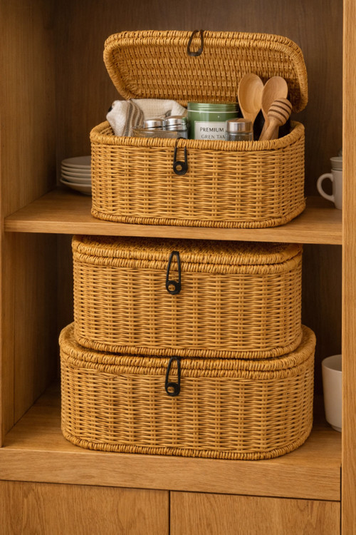 Lüks Modern 3 Lü Hasır Görünümlü Rattan Düzenleyici Sepet