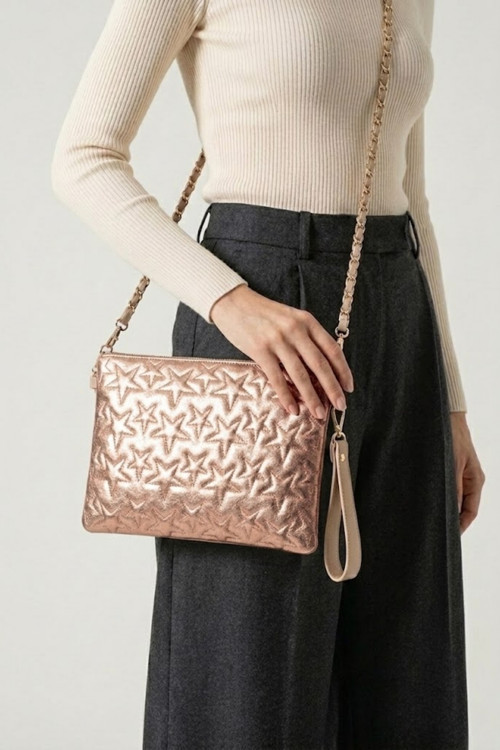 Gl-003 Yıldız Dikişli Kadın El Çantası Clutch Çanta Omuz Çantası Çapraz Çanta Pörtföy Çanta Bakır