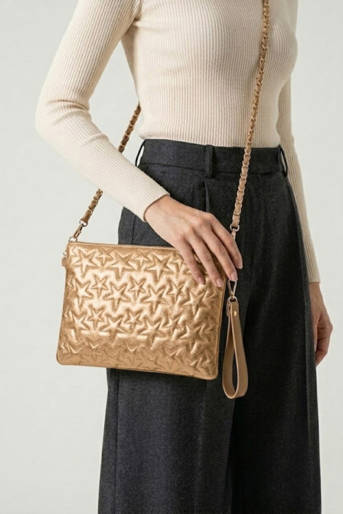 Gl-003 Yıldız Dikişli Kadın El Çantası Clutch Çanta Omuz Çantası Çapraz Çanta Pörtföy Çanta Platin