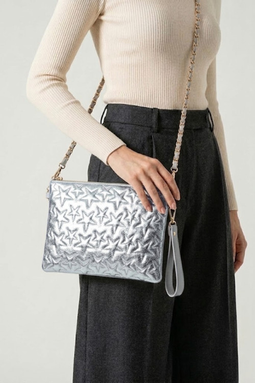Gl-003 Yıldız Dikişli Kadın El Çantası Clutch Çanta Omuz Çantası Çapraz Çanta Pörtföy Çanta Gümüş