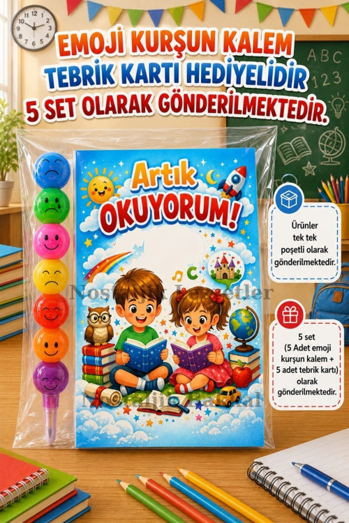 5 Set Yeni Okumayı Öğrenen Öğrencilere Hediye Artık Okuyorum Yazılı 1. Sınıf Hatırası Emoji Kurşun Kalem Tebrik Kartı He
