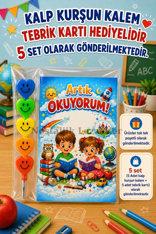 5 Set Yeni Okumayı Öğrenen Öğrencilere Hediye Artık Okuyorum Yazılı 1. Sınıf Hatırası Kalp Kurşun Kalem Tebrik Kartı Hed