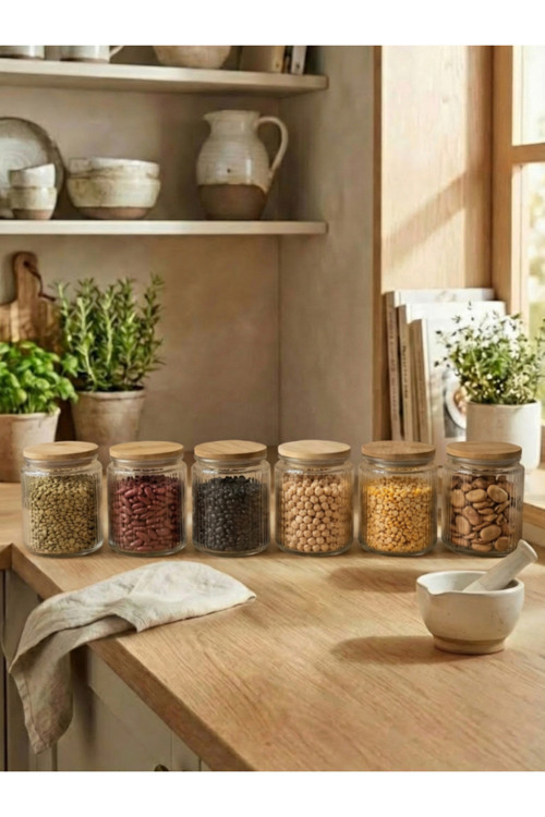 6'lı Set Bambu Vakum Kapaklı Cam Saklama Kabı 1000 ML