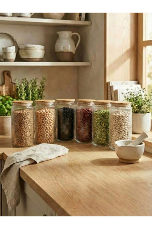 6'lı Set Bambu Vakum Kapaklı Cam Saklama Kabı 1500 ML