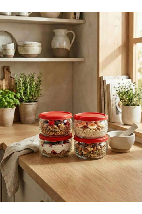 4'lü Set Kapaklı Cam Saklama Kabı 415 ML - Kırmızı