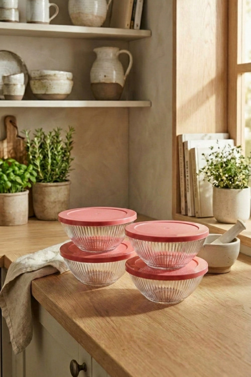 4'lü Set Çizgi Desenli Kapaklı Cam Saklama Kabı 415 ML