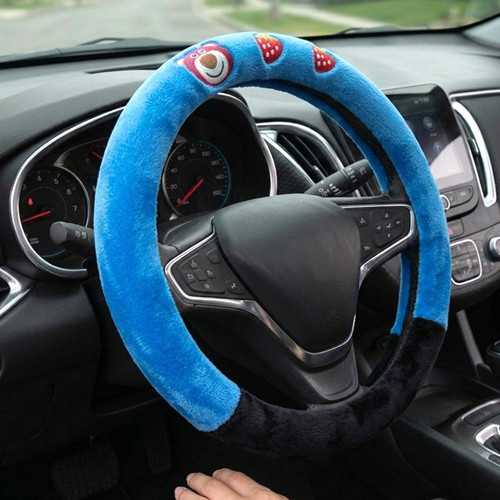 Universal Peluş Direksiyon Kılıfı Ayıcıklı Mavi Siyah Kaymaz Yumuşak 37-38 cm