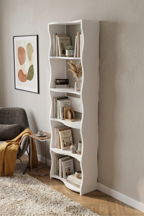 Kitaplık 5 Raflı Esinti Modern Çok Amaçlı Dekoratif Raf Ünitesi Geniş Kütüphane Ofis Kitaplığı 7081 Beyaz