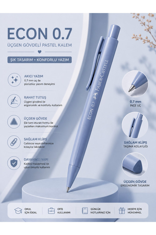 Faber-Castell Econ 0.7 Pastel Uçlu Kalem Silgili | Üçgen Gövde, Silgili, Ergonomik Tutuş, Okul Ofis ve Günlük Kullanım