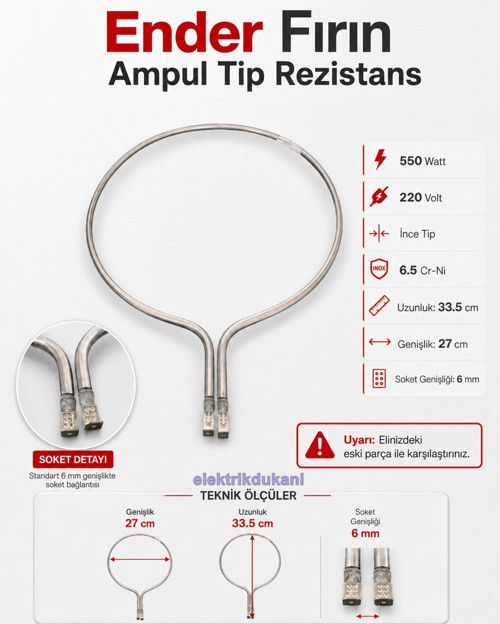 Fırın Boru Rezistansı 550w (İnce Ampul Tipi) 550 Watt 220 Volt 6.5 ? Cr-Ni