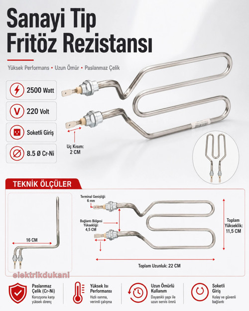 Sanayi Tipi Fritöz Rezistansı 2500 Watt 220 Volt 8.5 ? Cr-Ni