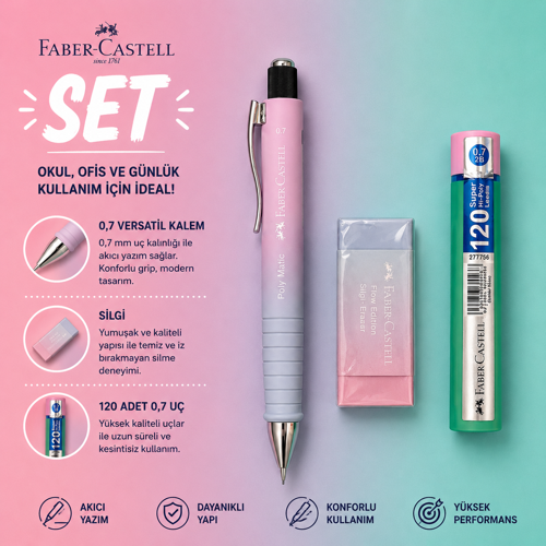 Faber-Castell Polymatic Flow Edition Versatil Kalem 0,7 Pastel Pembe-Açık Mavi Renk+Silgi+0,7 Uç Set
