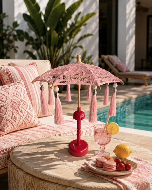Dantel Soft Pink Bohem Dekoratif Şemsiye Lambası