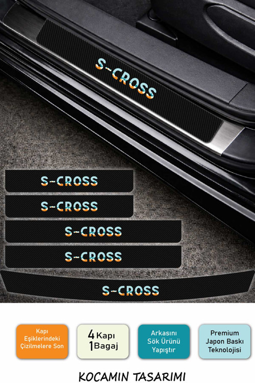 Karbon Desenli Suzuki S-Cross Kapı Eşiği Koruma Seti – 5 Parça Renkli Baskılı Şık Tasarım