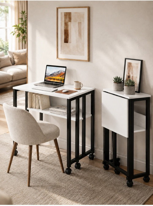 Sidney Kitaplık Raflı Katlanır Masa 70 cm Tekerli Bilgisayar Masası Laptop Masası Siyah - Beyaz