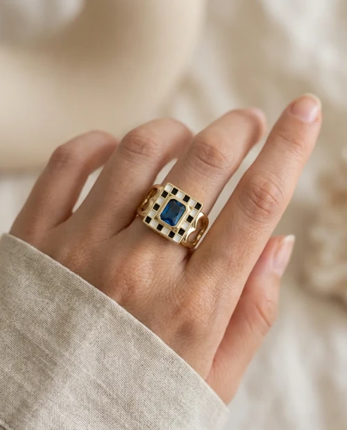 Vip Çelik Vintage Kadın Yüzük 14K Altın Kaplama Gold Renk Mavi Taş Damalı Ayarlanabilir