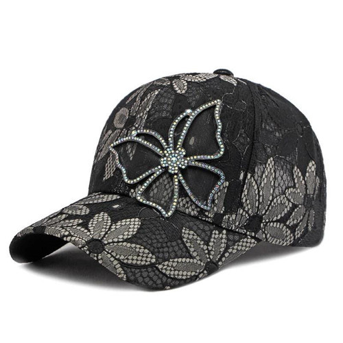 Kadın Siyah Dantel Şapka Taş İşlemeli Çiçek Detaylı Ayarlanabilir Baseball Cap Yazlık Şapka