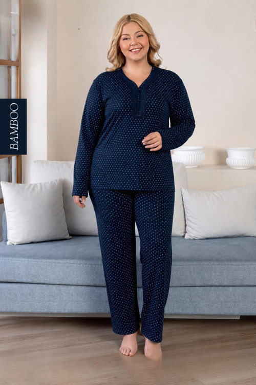 Kadın Büyük Beden Dantel Yaka Bambu Uzun Kol İnce Pijama Takımı 8105L - 1 Adet